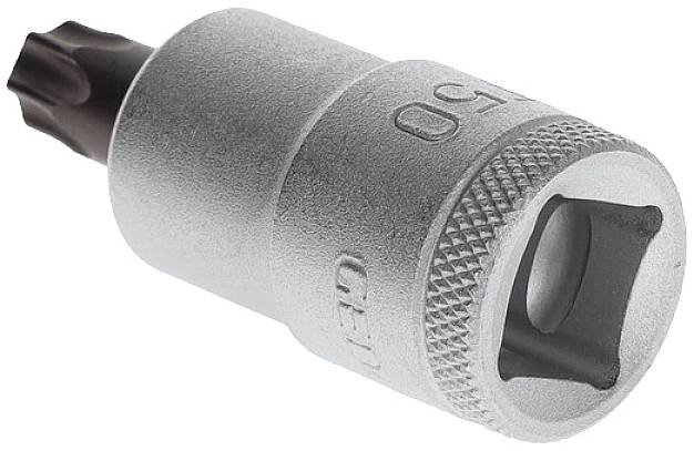 Metalen Torx-steeksleutel, maat T50, met gegroefde greep en zeskante aandrijving, voor het bevestigen van schroeven.