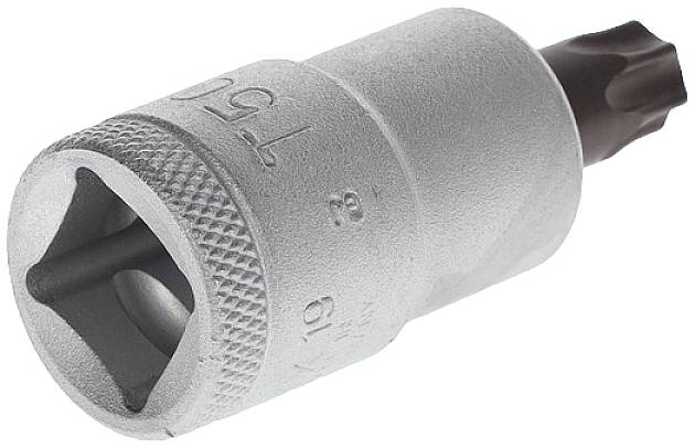 Een Torx-bit met dopsleutelopzetstuk, dat wordt gebruikt voor het bevestigen of verwijderen van schroeven met een Torx-kop.