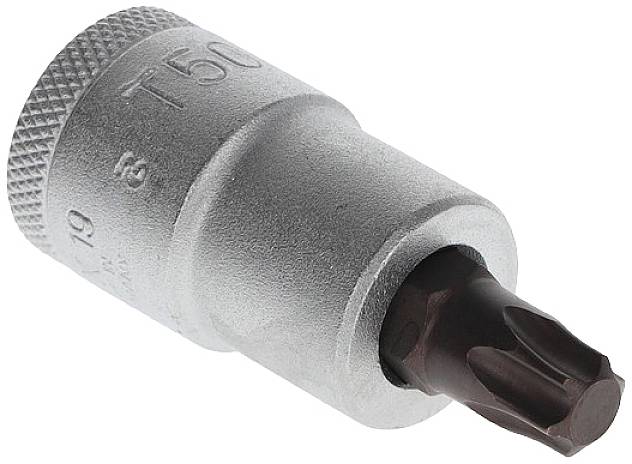Een zilveren Torx-bit-opzetstuk met de markering 'T50' aan de zijkant, geschikt voor gebruik met een steeksleutel of ratel.