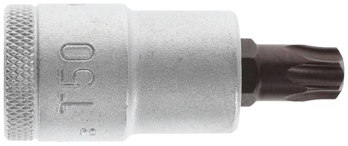Een Torx-bit voor schroevendraaier, T50-formaat, met zilveren behuizing.