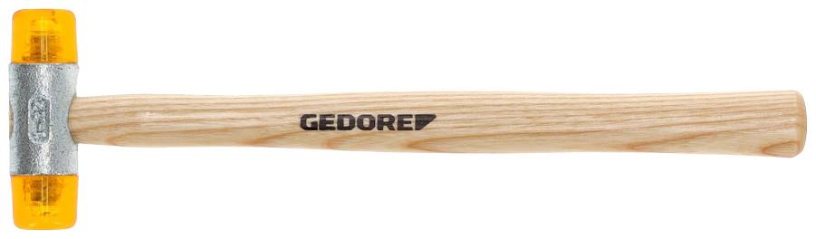 Een hamer met een houten steel en gele rubberen beschermkappen aan beide uiteinden. Op de steel staat 'GEDORE'.