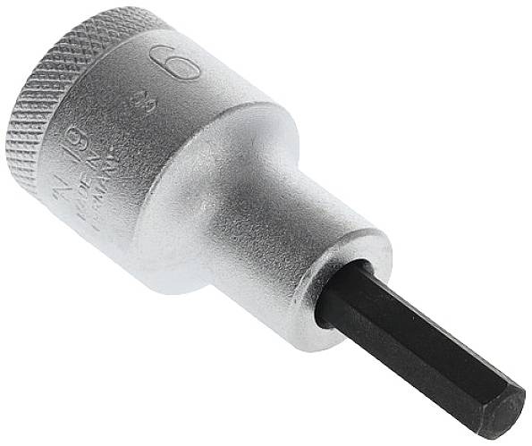 Zeskantdop-bit met zeskantenkop. Zilveren metaaloppervlak, maatmarkering '6'. Ideaal voor schroefwerkzaamheden met zeskantschroeven.