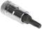 Een Torx-bit met houder, metallic zilveren behuizing, zwarte zeskantromp. Geschikt voor schroeven met Torx-aandrijving.