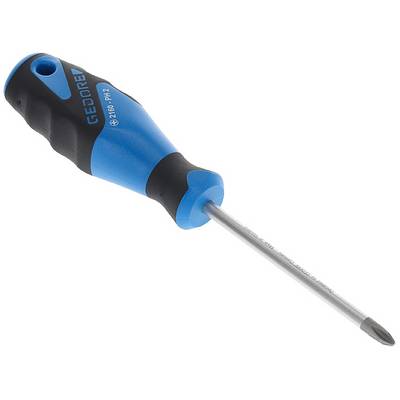 Blauwe en zwarte kruiskop schroevendraaiers met ergonomische handgreep, liggend op een witte achtergrond.