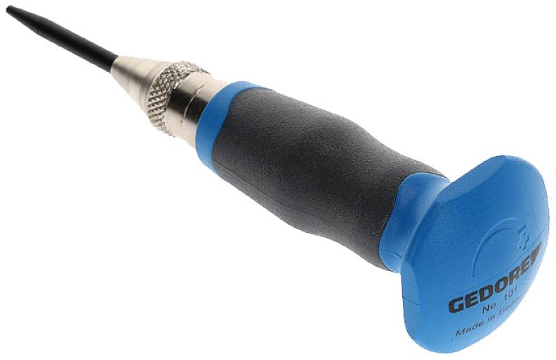 Een blauwe en zwarte schroevendraaiergreep met een fluwelen coating en een slanke metalen steel, gemarkeerd met 'GEDORE'.