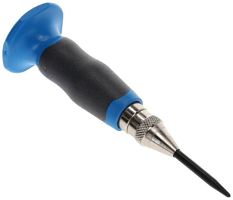 Een blauwe en zwarte handgreep met een metalen punt die lijkt op een precisie-instrument, tegen een witte achtergrond.