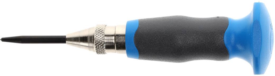 Een blauwe en zwarte schroevendraaier met een ergonomische greep ligt horizontaal.