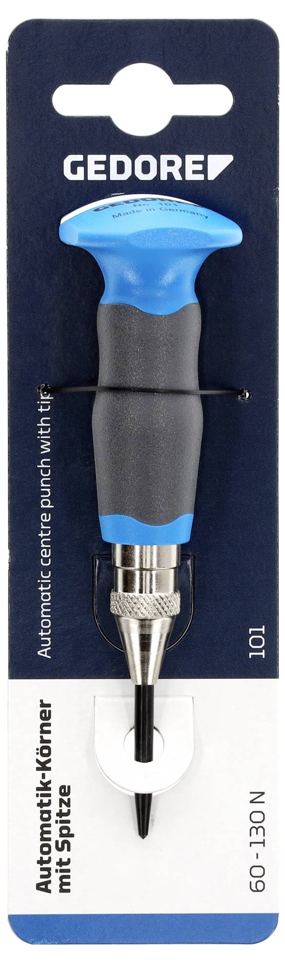 Automatische pons van GEDORE met blauwe en zwarte handgreep, op een verpakking, benadrukt de robuuste punt voor precisiemarkering.