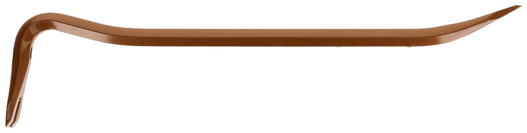 Een bruine koevoet met een gebogen en een afgeplatte punt, tegen een witte achtergrond.