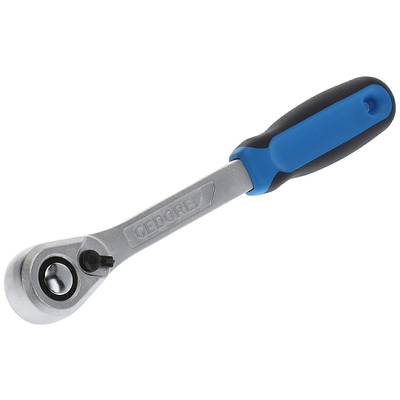 Een metalen ratel met een blauw-zwarte greep, geschikt voor mechanische werkzaamheden.