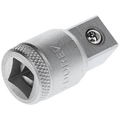 Een vierkante adapter van metaal met een gegolfd randje, geschikt voor steeksleutels, met een insteekopeining en vergrendelingsmechanisme.