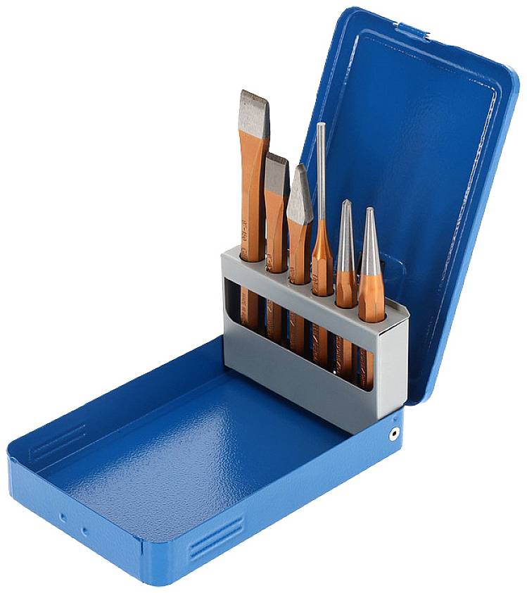 Een set van zes oranje beitels en prikkers in een open blauwe metalen doos, georganiseerd in een lichtgrijze houder.