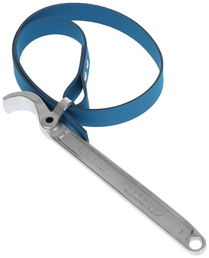 Pijpsleutel met blauw bandje, geschikt voor het losdraaien van ronde voorwerpen zoals buisverbindingen of oliefilters.