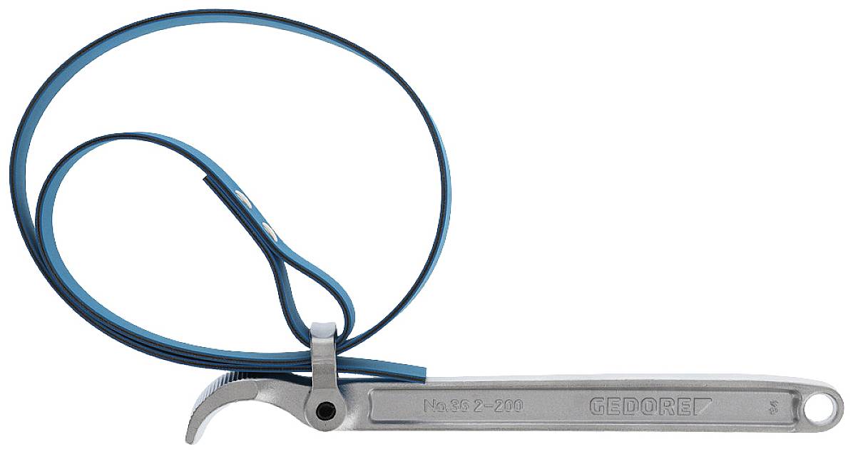 Een zilveren Gedore bandsleutel met een blauw lint, gebruikt voor het losdraaien of vastdraaien van cilindrische objecten.