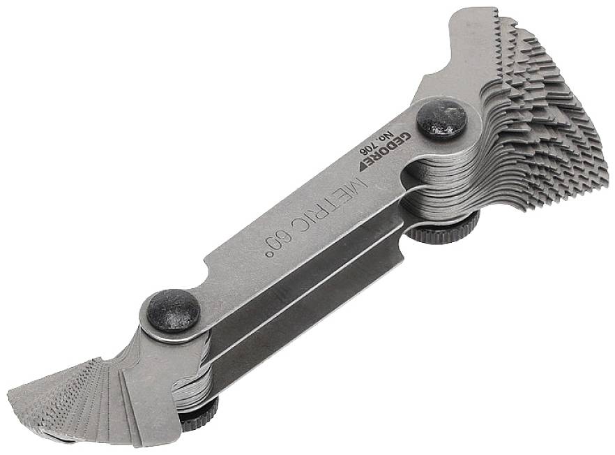 Een set schroefdraadmaten met meerdere bladen die zijn gemonteerd op een scharnier. Wordt gebruikt voor het meten van schroefdraadstijgingen.