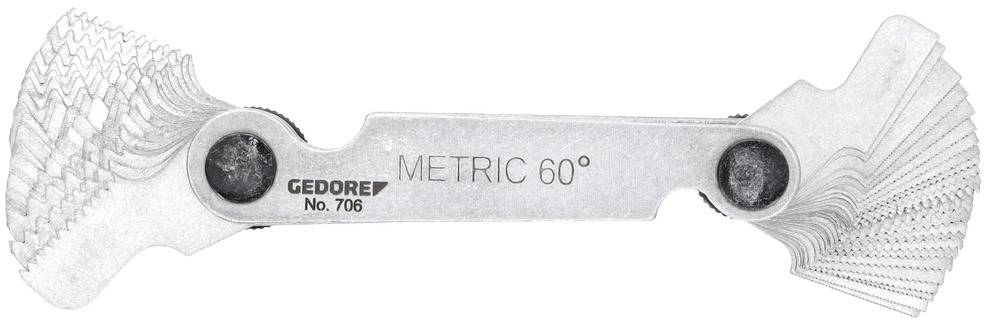 Een schroefdraadmeetinstrument met meerdere metalen bladen, gemarkeerd met 'METRIC 60°', voor het meten van metrische schroefdraadpassen.