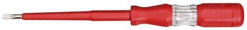 Een kleine, rode schroevendraaier met een platte, smalle kop en een transparante handgreep.