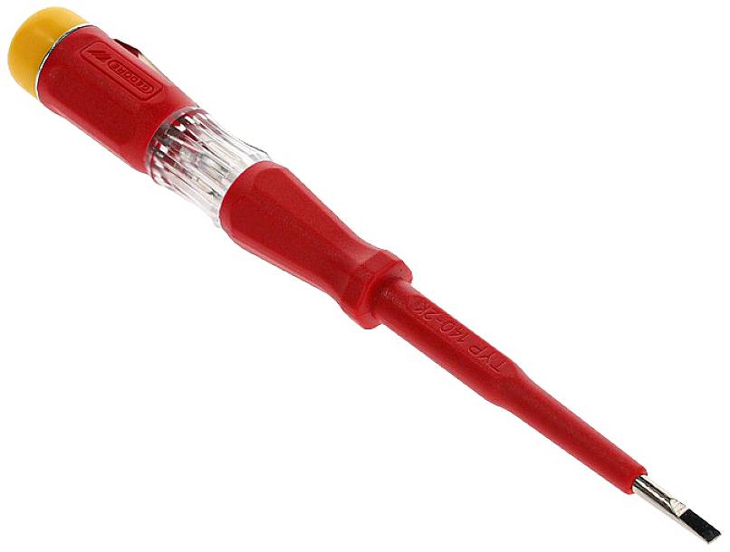 Een rode spanningszoeker met een geel uiteinde en metalen punt, voor het controleren van elektrische spanningen in schakelingen.