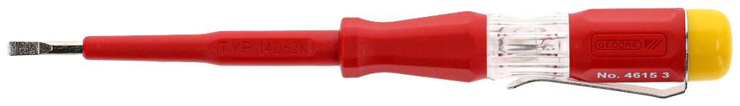 Een rode spanningszoeker met een platte metalen kop en een gele punt. Het wordt gebruikt voor het testen van elektrische spanning in huishoudelijke apparaten.