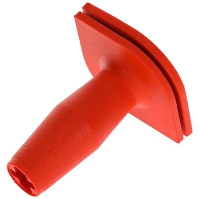 Rood, kegelvormig kunststof gereedschap met rechthoekige kop, mogelijk gebruikt als handgreep of verbindingselement.