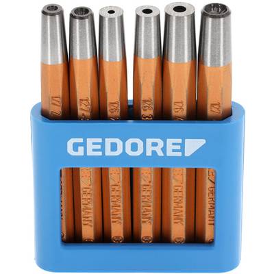 Zes oranje beitel met zilveren koppen in een blauwe houder. De houder draagt de opdruk 'GEDORE'.