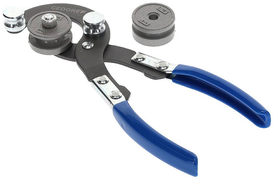 Een buiggereedschap met blauwe handgrepen en donkere buigschijven die kunnen worden verwijderd of toegevoegd.