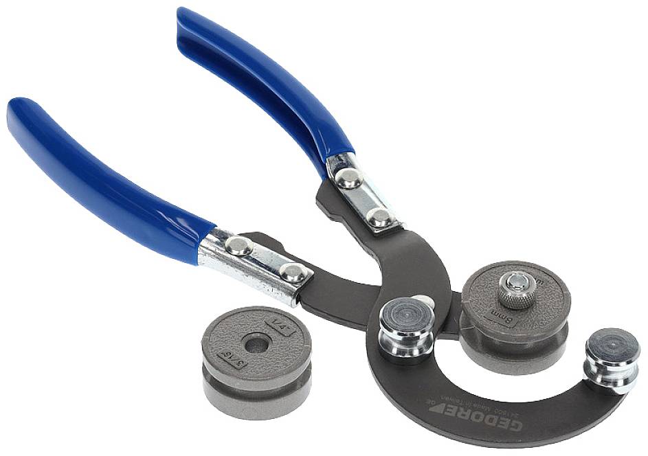 Gereedschap met een blauwe handgreep voor het strippen van kabels met meerdere uitneembare ronde schijven.