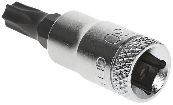 Een zilveren bitopzetstuk voor een ratel met Torx-aansluiting, geschikt voor schroefwerkzaamheden.