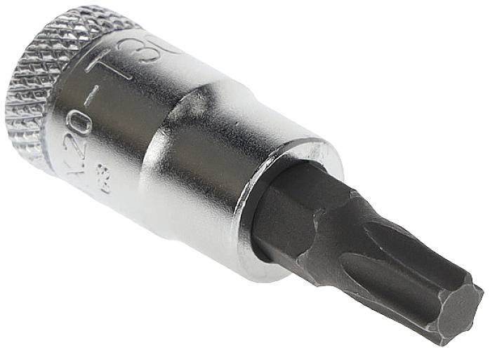 'Metalen Torx-bit-opzetstuk in zilver met de aanduiding T30, geschikt voor gebruik met ratelsleutels of boormachines.'