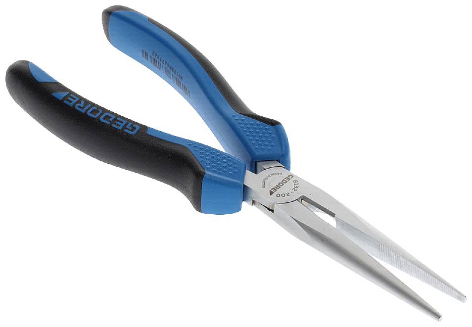 Een blauw-zwarte punttang met een lange, smalle kop en een gepolsterde handgreep, geschikt voor precisie grijpen en knippen.