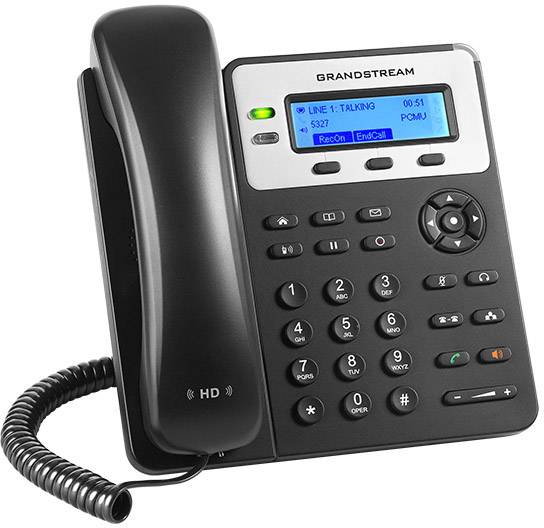 Een zwart vaste telefoon met display en toetsenbord, toont oproepdetails. Het display geeft gebelde en binnenkomende nummers weer.