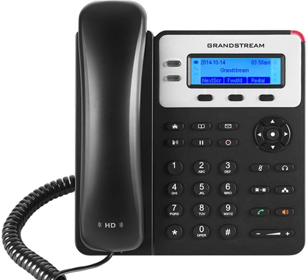 Een zwarte Grandstream vaste telefoon met een LCD-scherm, toetsenbord, hoorn en luidspreker. Geschikt voor gebruik op kantoor.