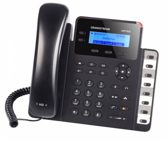 Zwart bureautelefoon met toetsenbord, display en hoorn; geschikt voor professionele omgevingen.