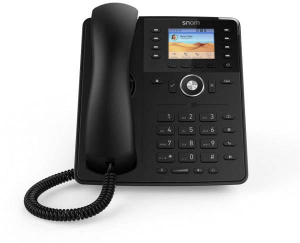 Een zwart vaste telefoontoestel met display toont contacten en biedt toetsen voor bellen, luidspreker en menunavigatie.