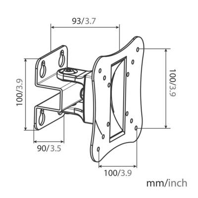 'Technische tekening van een verstelbare monitorstandaard met afmetingen: 100x100 mm, 93 mm breedte, 90 mm diepte.'