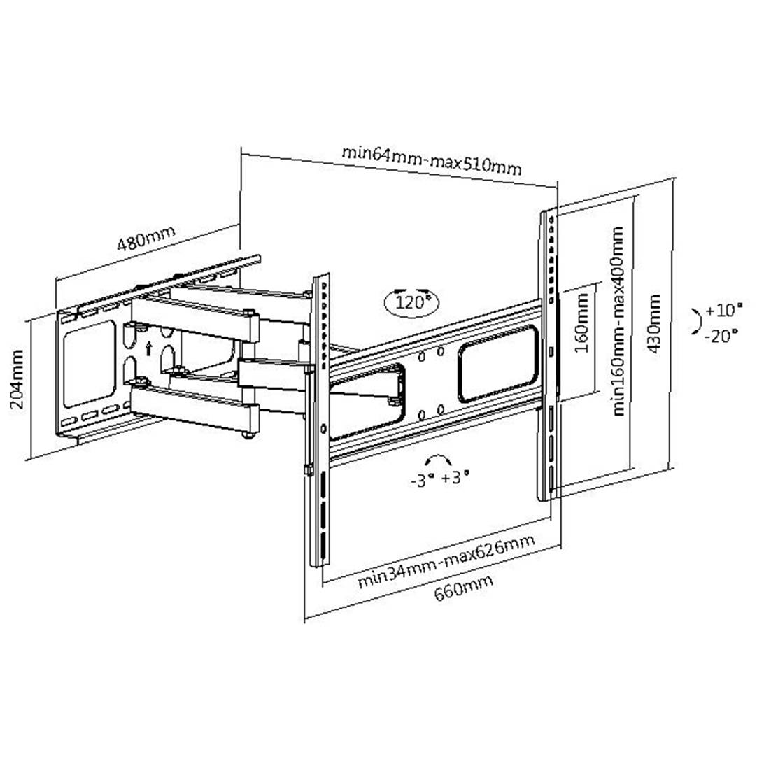 Technische tekening van een verstelbare tv-wandbeugel met afmetingen: Breedte 660 mm, hoogte 430 mm, diepte 64 tot 510 mm. Kantelhoek +10° tot -20°.