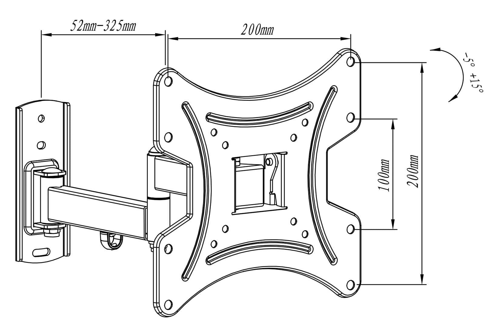 'Afbeelding van een verstelbare wandsteun voor televisies. Afmetingen: 200x200mm, diepte 52-325mm, +/- 15° kanteling. Geschikt voor kleine tot middelgrote schermen.'