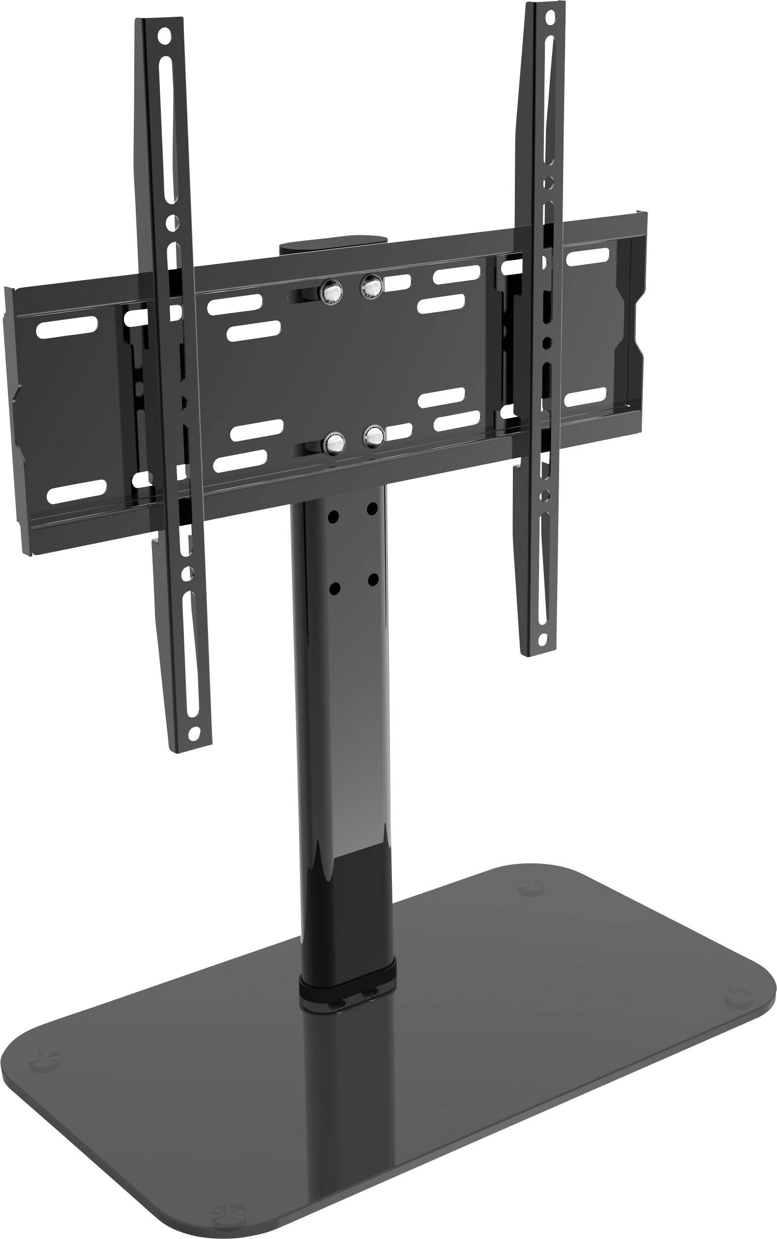Zwarte universele tv-standaard van metaal met rechthoekige voet en hoogteverstelbare houder voor flatscreens.
