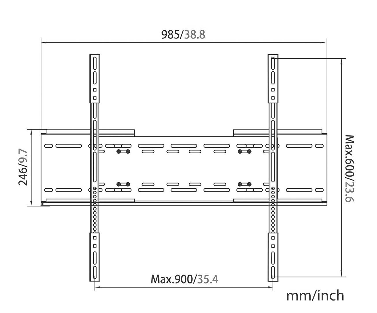 Technische tekening toont een steun met de afmetingen: breedte 985 mm, hoogte 246 mm. Maximaal instelbare hoogte 600 mm, breedte 900 mm. Afmetingen in mm en inches.