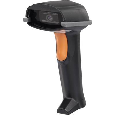 Een zwarte handscanner met een oranje handgreep, ideaal voor het scannen van barcodes en gegevensregistratie in magazijnomgevingen.