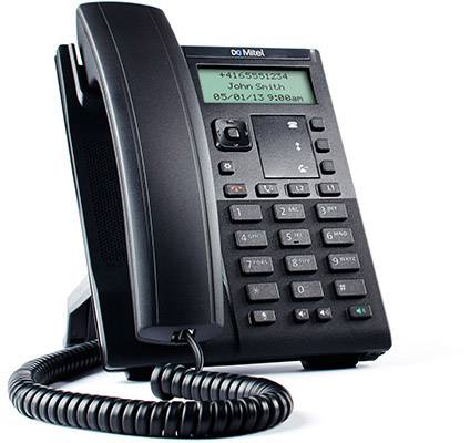 Een kantoortelefoon met toetsenbord en display toont een telefoonnummer, de naam 'John Smith' en een datum met tijdstip.
