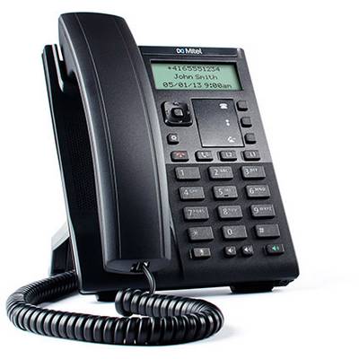Een kantoortelefoon met toetsenbord en display toont een telefoonnummer, de naam 'John Smith' en een datum met tijdstip.