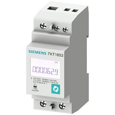 Elektriciteitsmeter, merk Siemens, model 7KT1653, toont verbruik van 62,9 kWh. Ontworpen voor stroommetingen in huishoudens.