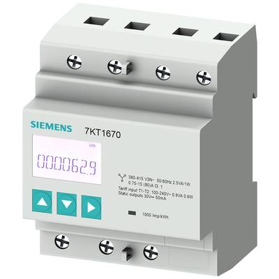 Een elektronische energiemeter van Siemens met een digitaal display toont '0000062.9' kWh. Daaronder bevinden zich drie functietoetsen.