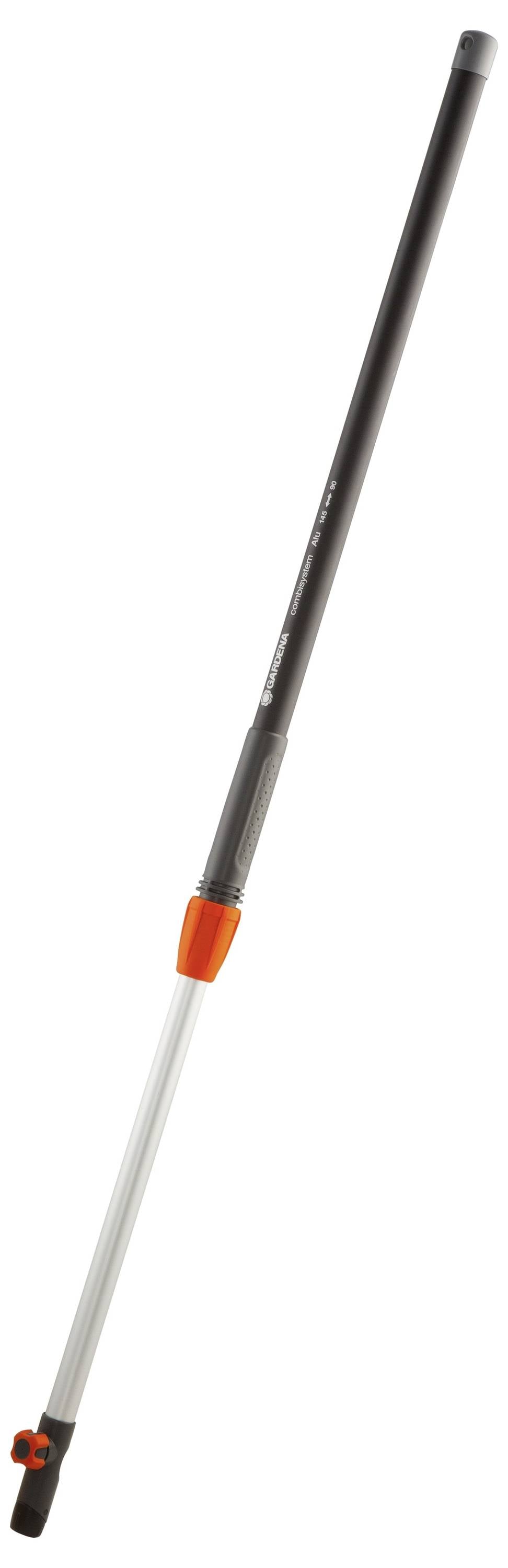 Telescopische steel met ergonomische handgreep en verstelbare lengte, geschikt voor tuingereedschap of reinigingsapparatuur.