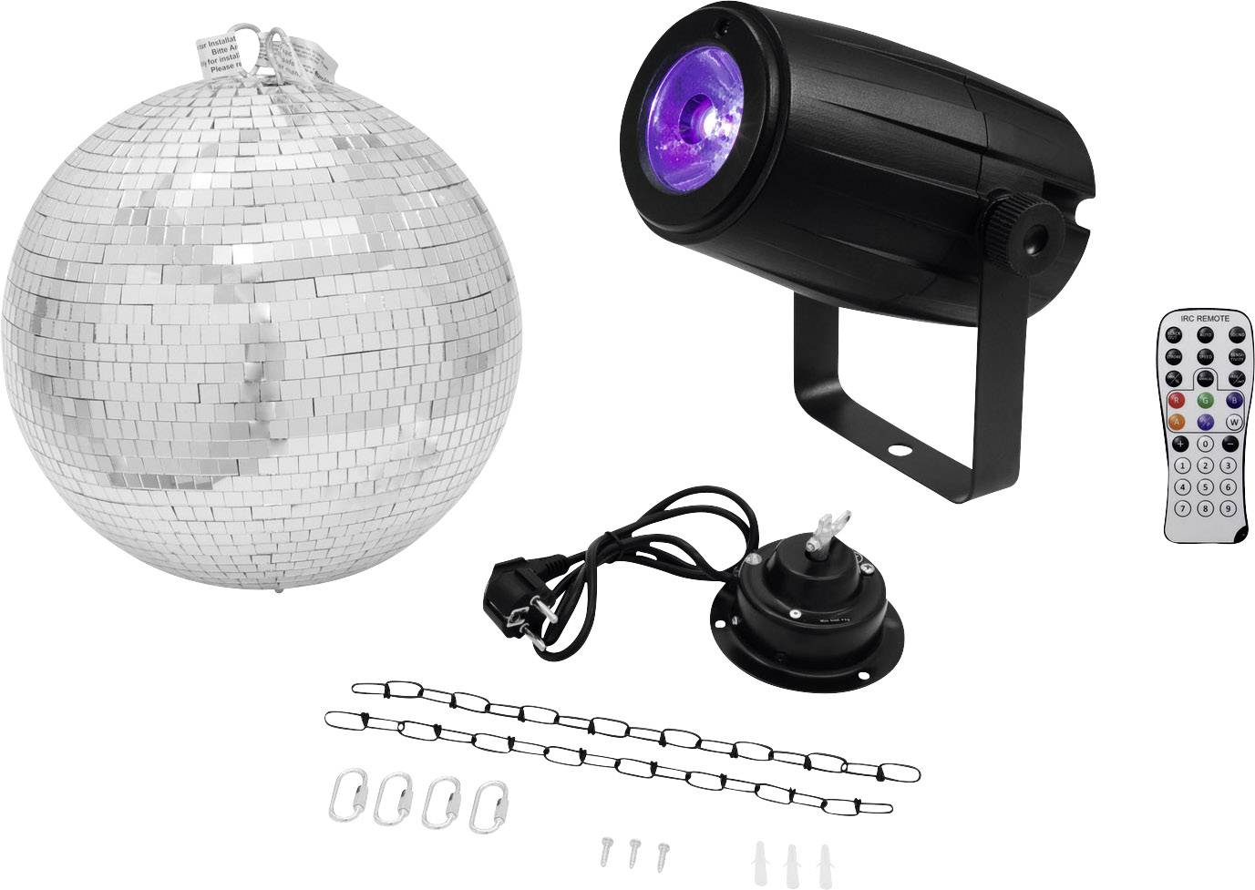 Discobolset met spiegelbol, kleurrijk verlichtende schijnwerper en afstandsbediening voor feestdecoratie en lichtshows.