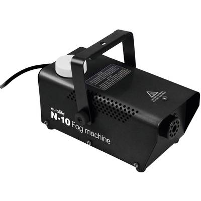 Een zwarte rookmachine met het opschrift 'eurolite N-10 Fog machine'. Hij heeft een handgreep en een ronde vooropening.