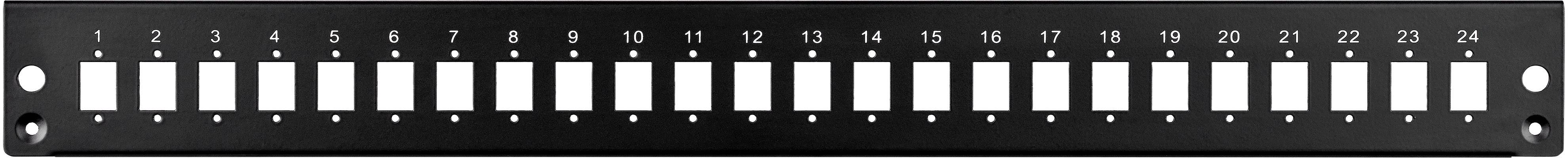 Een zwart patchpanel met 24 genummerde poorten in twee rijen. Elke poort is gemarkeerd met een witte labelruimte erboven.