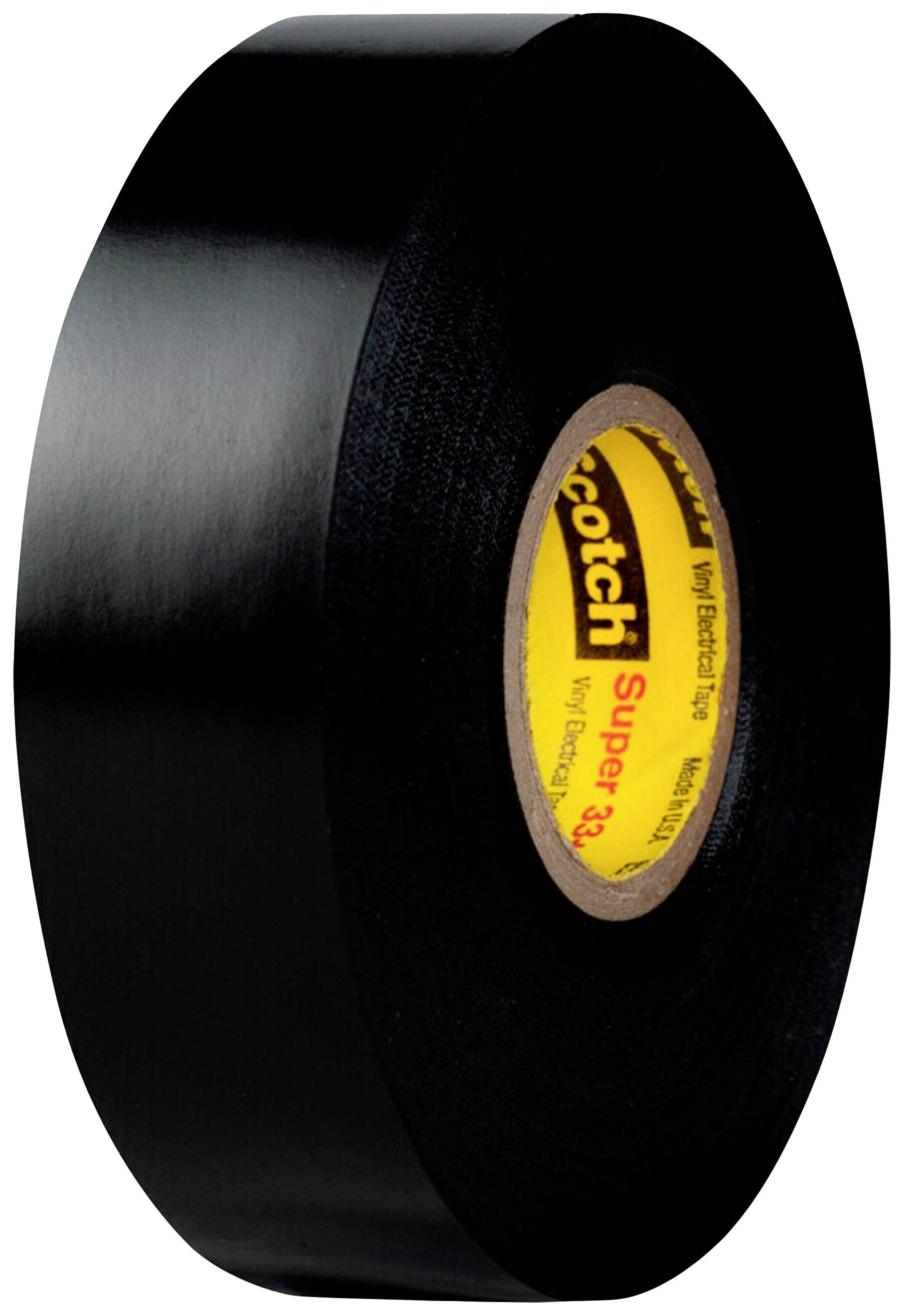 Zwart vinyl-isolatietape opgerold, gele binnenring met rode tekst 'Scotch Super 33+'.