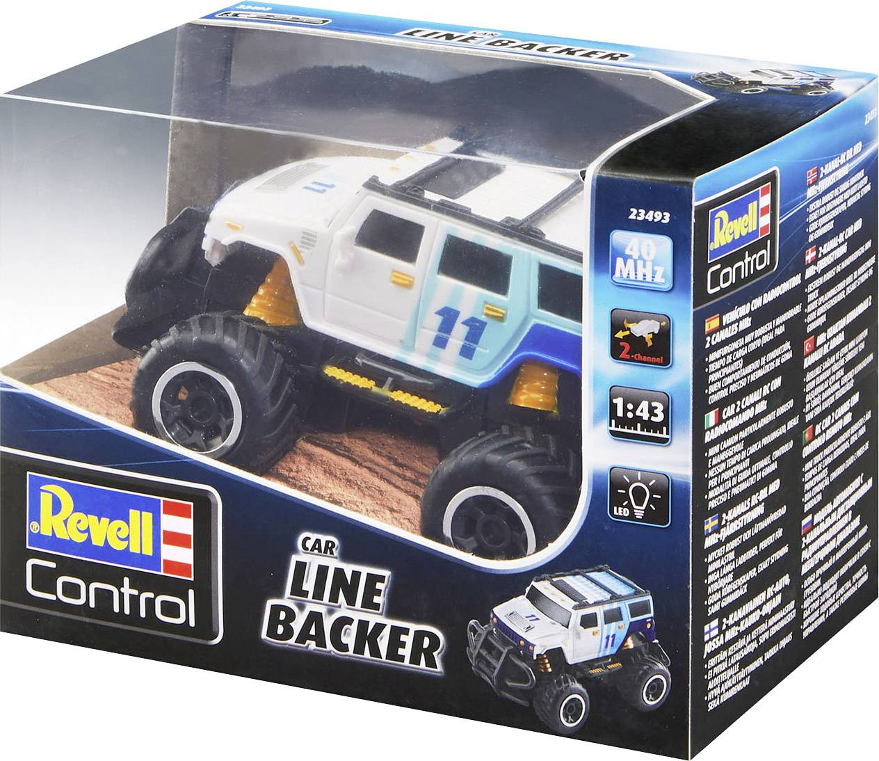 Speelgoedauto in originele doos, model 'Line Backer' op schaal 1:43, met 2-kanaals afstandsbediening, aanbevolen voor kinderen vanaf 8 jaar.